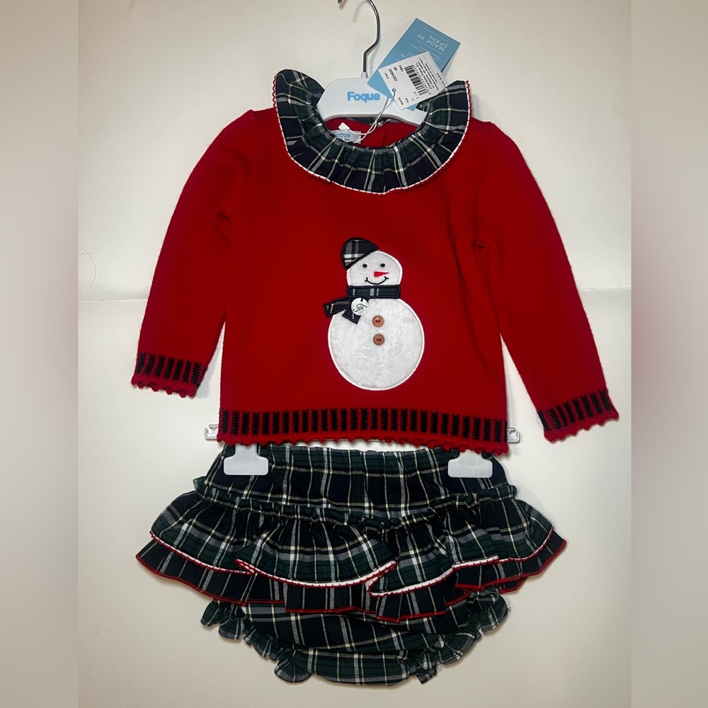 Que Red Snowman Knit Kids Matching Set